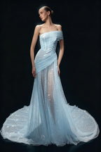 Cocoslly One Shoulder Sleeveless High Waist Long Prom Dress With Sequins | White Tulle YC0569