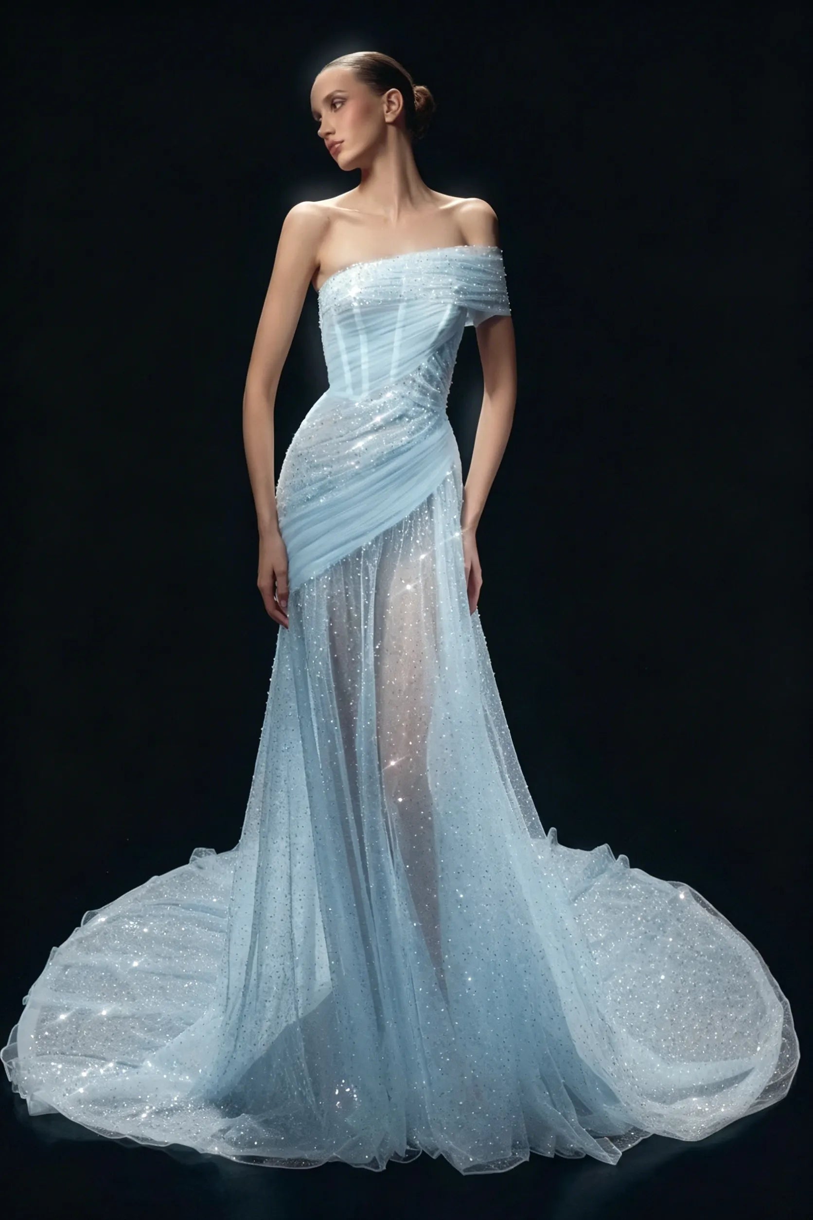 Cocoslly One Shoulder Sleeveless High Waist Long Prom Dress With Sequins | White Tulle YC0569