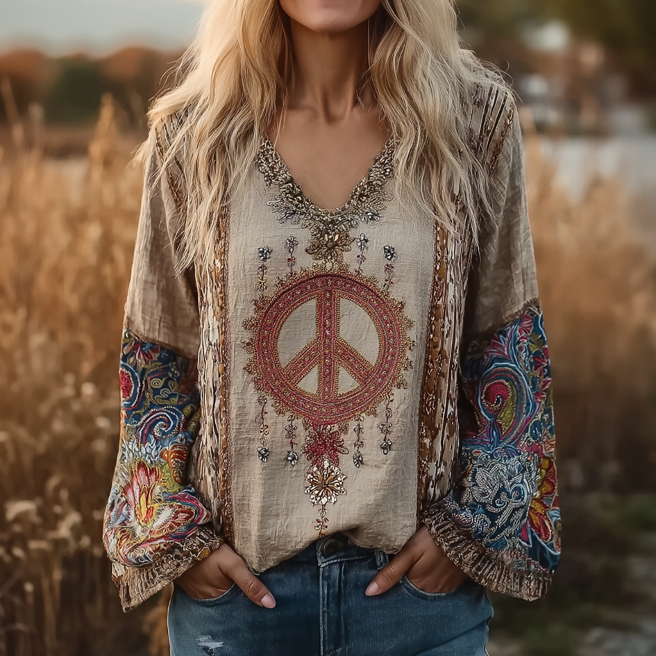 Persian Art Retro Pattern Women's V-neck Linen Top