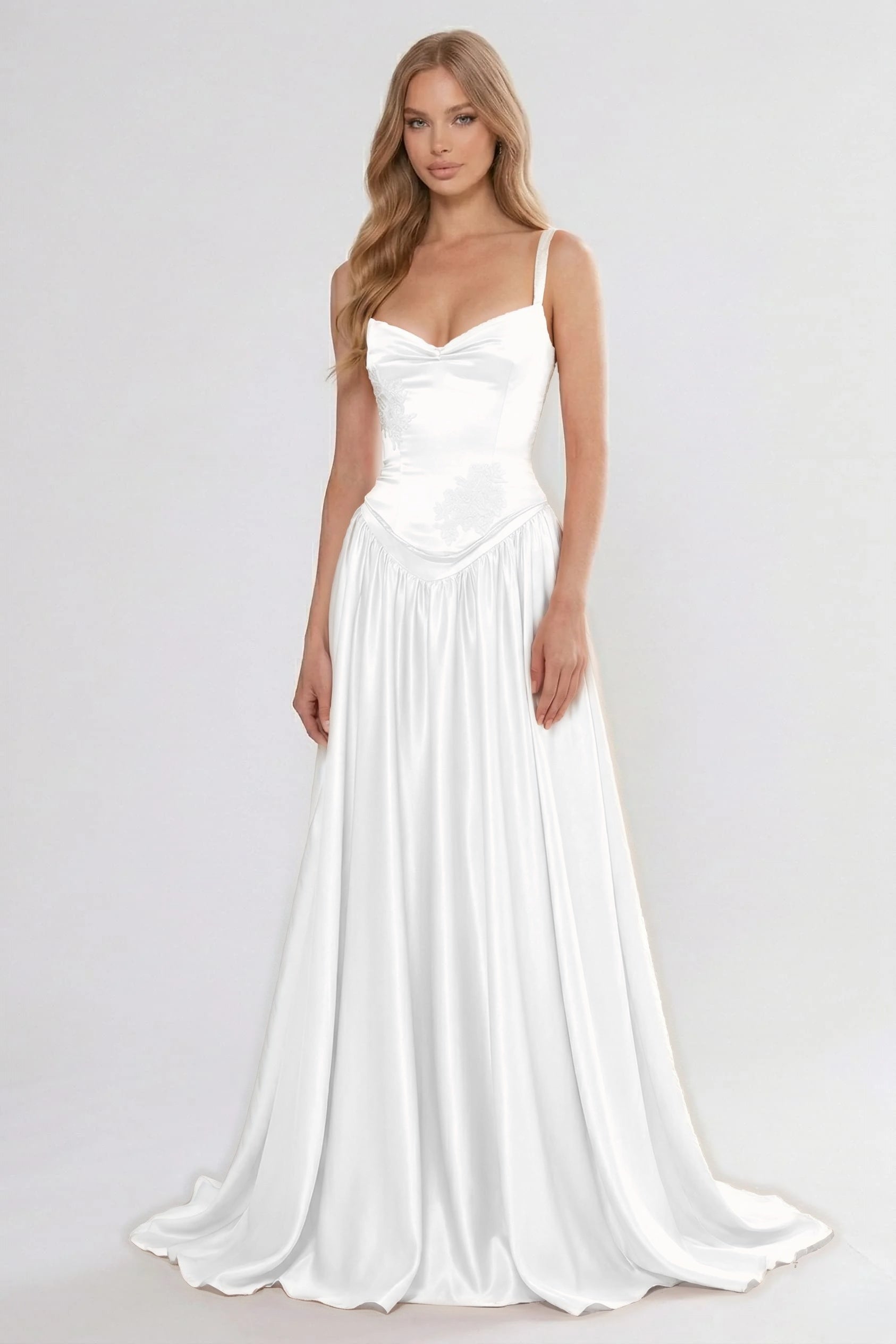 Cocoslly Spaghetti Straps Sleeveless High Waist Long Prom Dress With Appliques | Pink Satin