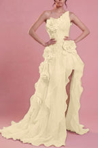 Cocoslly One Shoulder Sleeveless High Waist Long Split Prom Dress With Ruffles And Flowers | Blushing Pink Chiffon YC0489