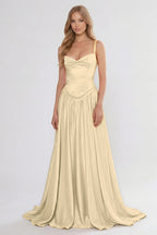 Cocoslly Spaghetti Straps Sleeveless High Waist Long Prom Dress With Appliques | Pink Satin