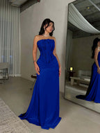 Satin Strapless Sleeveless Long Pleated Mermaid Prom Dress With Flowers And Sequins YK0636