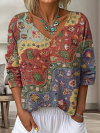 Women's Floral In Gradient Art Print Flowy Linen Blend  Three-quarter Sleeve V Neck Linen Tops