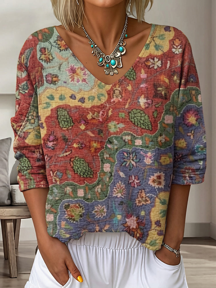 Women's Floral In Gradient Art Print Flowy Linen Blend  Three-quarter Sleeve V Neck Linen Tops