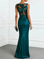 Cyan Jacquard Ruched Satin Boat Neck Sleeveless Sheath Floor-length Gown Dress