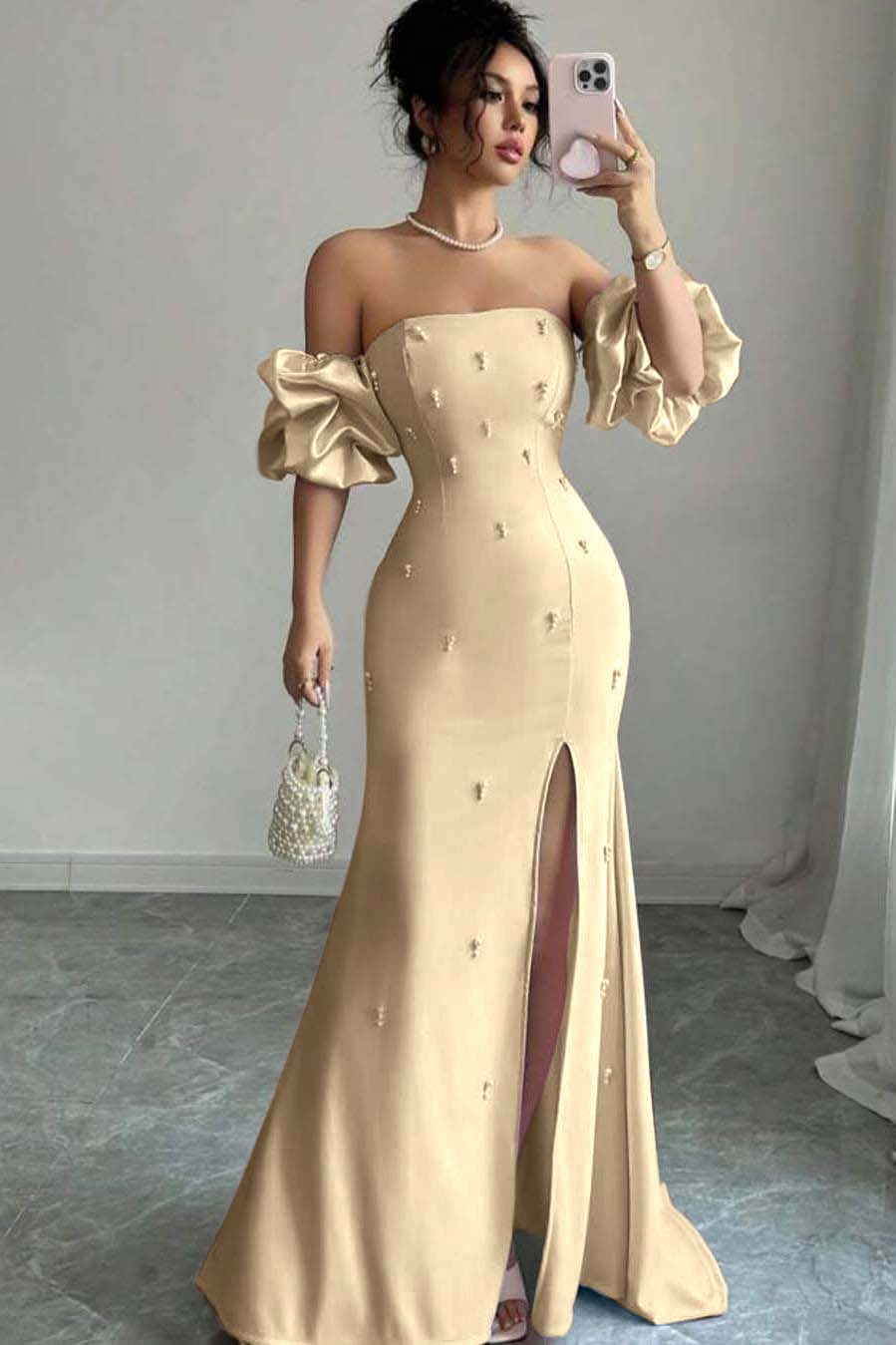 Strapless Bubble Sleeves Long Split Prom Dress With Beading WQ0027