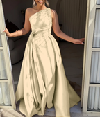 Asymmetric Strapless Sleeveless Long A-Line Prom Dress With Pleated And Beadings YK0692