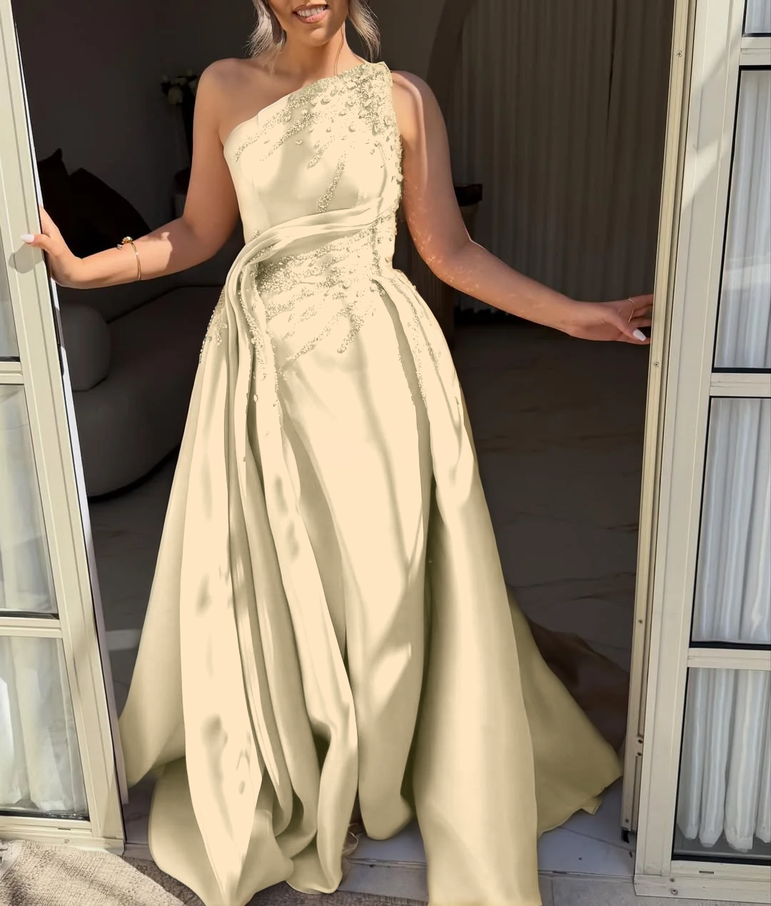 Asymmetric Strapless Sleeveless Long A-Line Prom Dress With Pleated And Beadings YK0692
