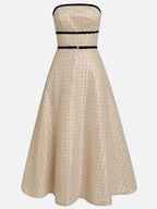 Champagne Glitter Beaded Sequin Strapless Sleeveless A-Line Midi Dress