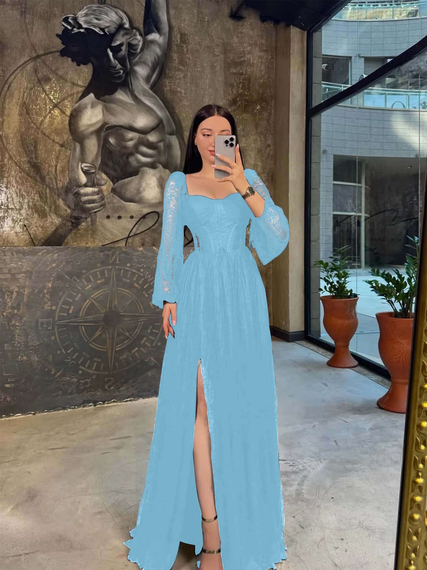 Lace Square Neck  Lantern Long Sleeves Long A-Line Pleated Prom Dress With Split And Corset YK0413