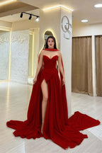 Cocoslly Strapless Sweetheart Sleeveless High Waist Long Split Prom Dress With Scarf | Burgundy Satin YC0479