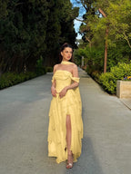 Cocoslly Off-The-Shoulder Sleeveless High Waist Long Split Prom Dress With Ruffles And Scarf | Daffodil Chiffon YK1279