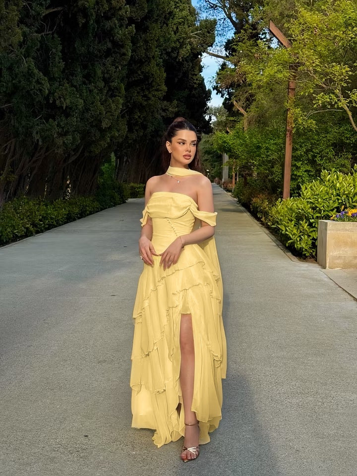 Cocoslly Off-The-Shoulder Sleeveless High Waist Long Split Prom Dress With Ruffles And Scarf | Daffodil Chiffon YK1279