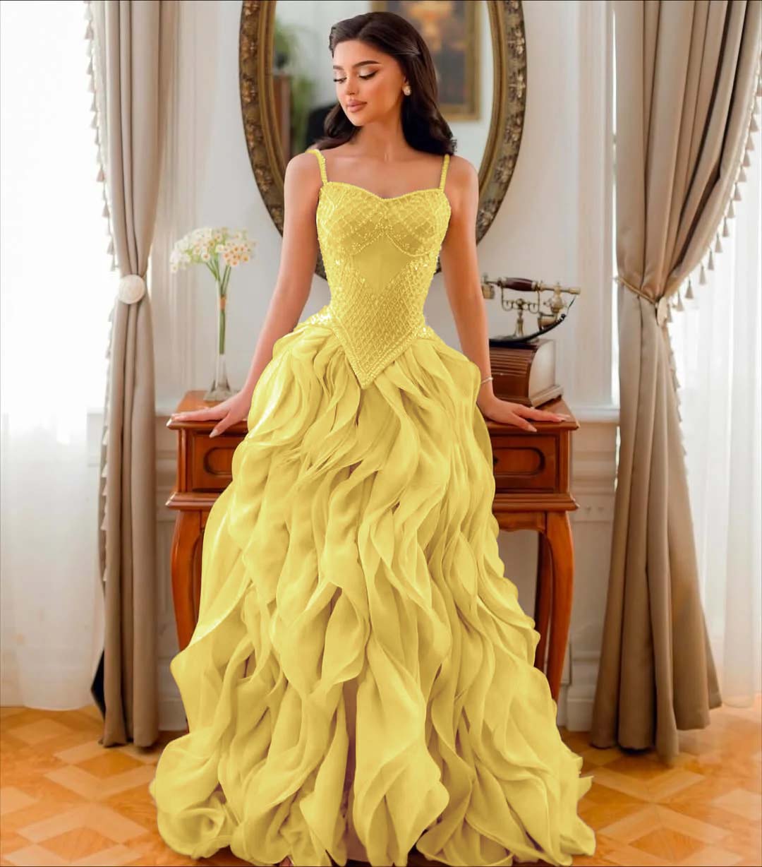 Tulle V-Neck Spaghetti Straps Strapless Sleeveless Long A-Line Prom Dress With Beadings And Pleated YK0761