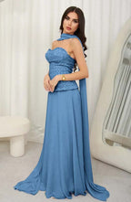 Cocoslly Strapless Sleeveless High Waist Long Prom Dress With Rhinstone And Scarf | Lilac Chiffon JZ0099
