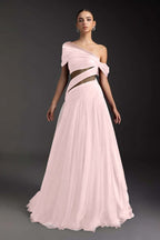Cocoslly Off-The-Shoulder Long A-Line Prom Dress With Pleated | Burgundy Tulle ZA0173