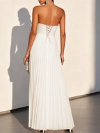 White Pleated Satin Strapless Sleeveless A-Line Maxi Dress
