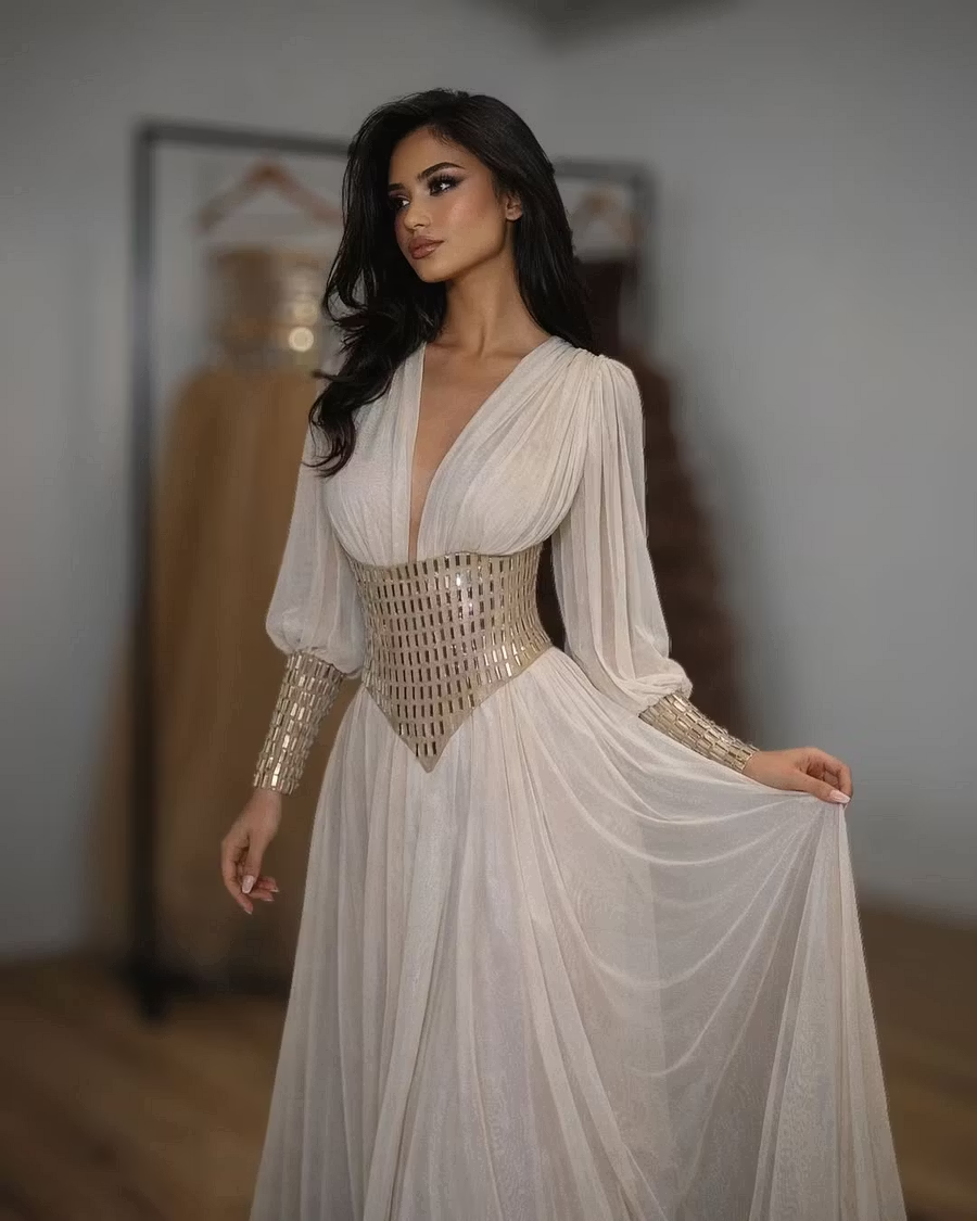 Cocoslly V-Neck Long Sleeves High Waist Long Prom Dress With Rhinstone | White Chiffon LR0373