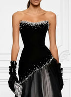 Cocoslly Strapless Sleeveless High Waist Long Prom Dress With Rhinstone | Black Satin And Chiffon CO0128