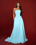 Satin Strapless Sleeveless High-Waisted Long A-Line Prom Dress With Beadings YK0662