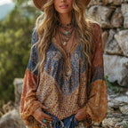 Women's Bohemian Polka Dot Artistic Botanical Print Patchwork V-neck Long Sleeve Top