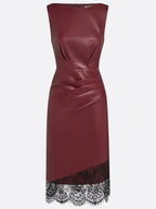 Burgundy Faux Leather Lace Ruched Classic Boat Neck Sleeveless Shift Midi Dress