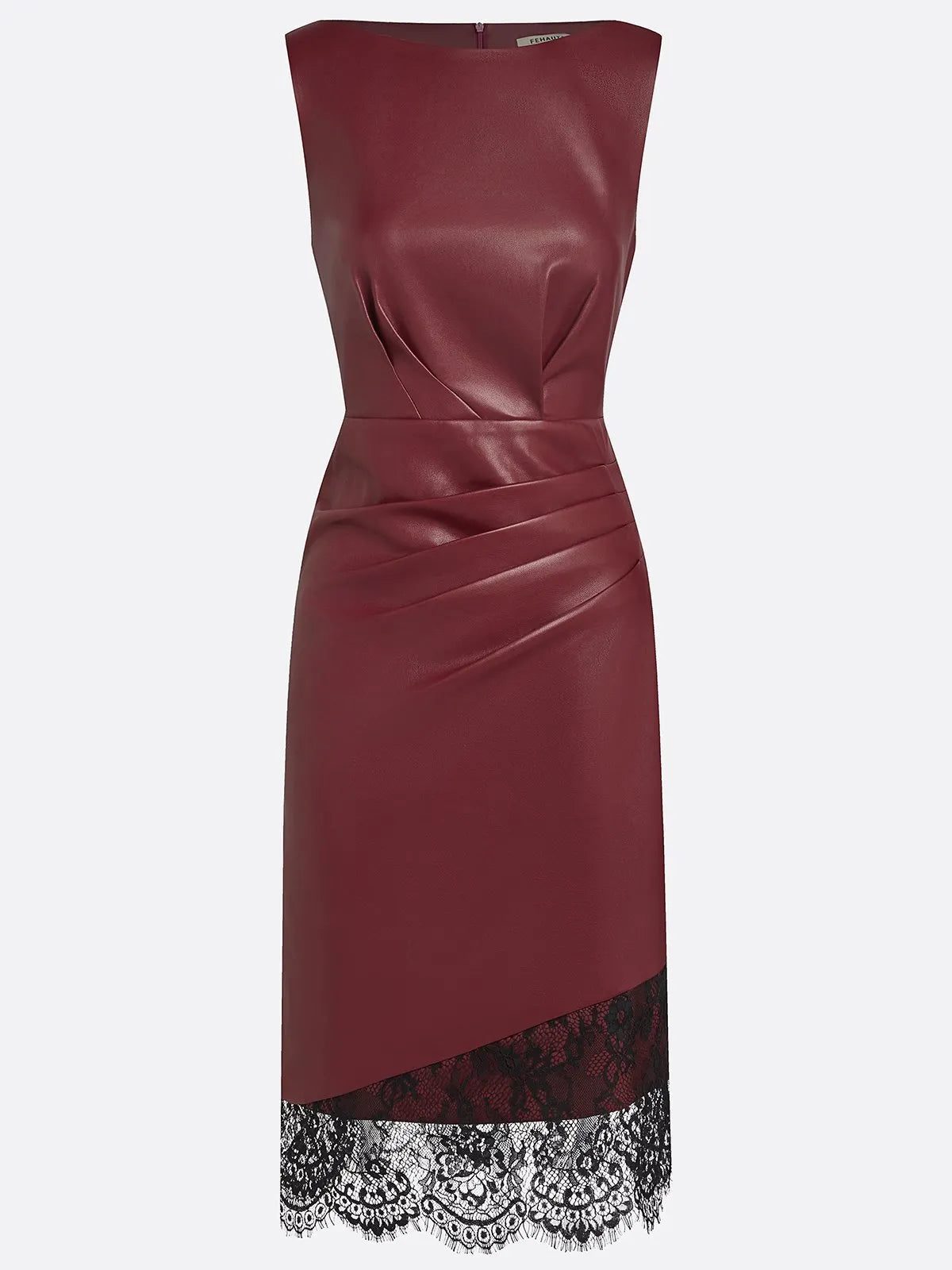 Burgundy Faux Leather Lace Ruched Classic Boat Neck Sleeveless Shift Midi Dress