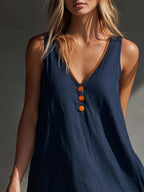 Casual Vacation V-Neck Front Buttons Lace Hem Dark Blue Cotton-Linen Mini Dress