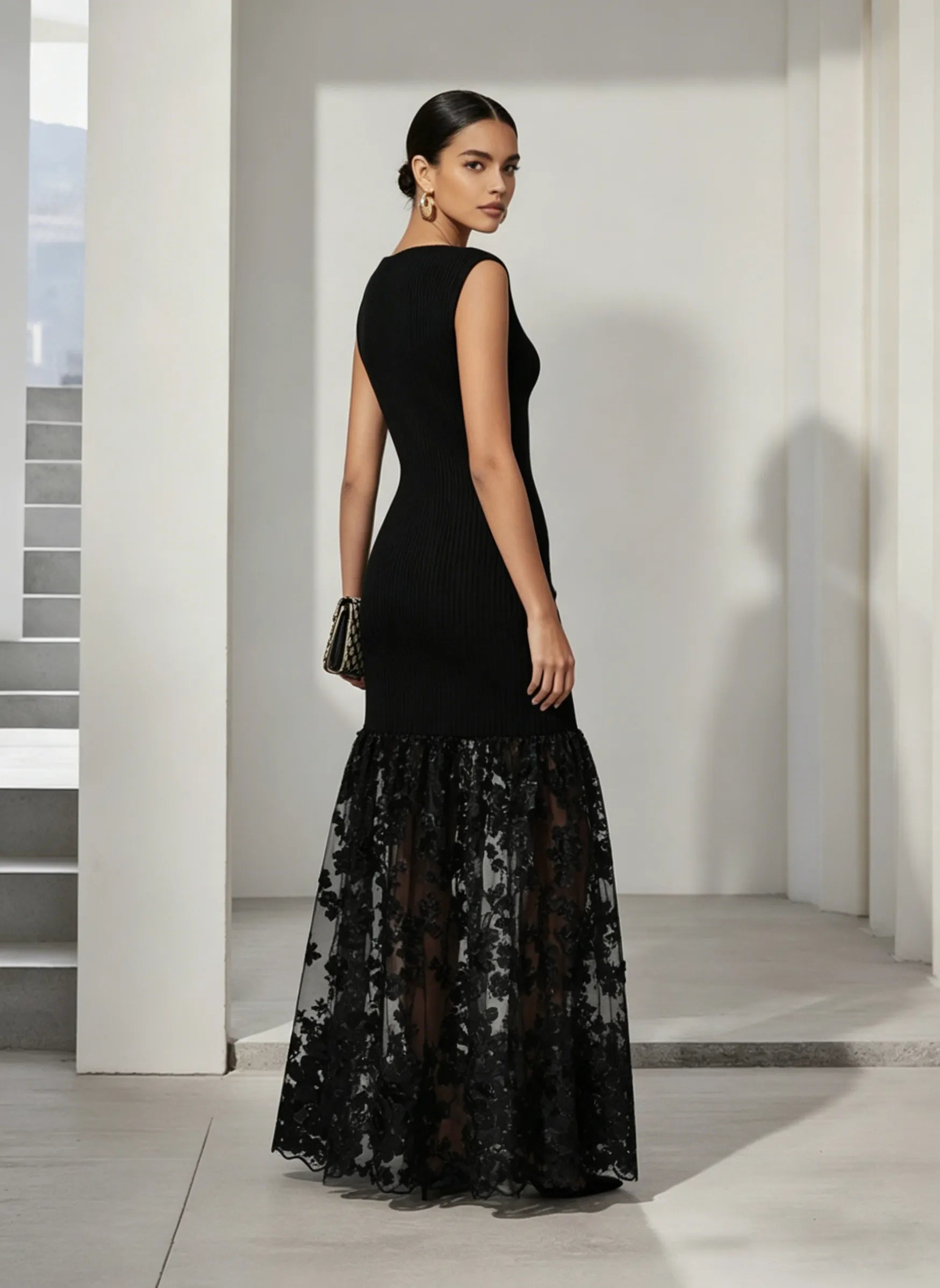 Black Lace Applique Knit Boat Neck Sleeveless A-Line Floor-length Gown Dress
