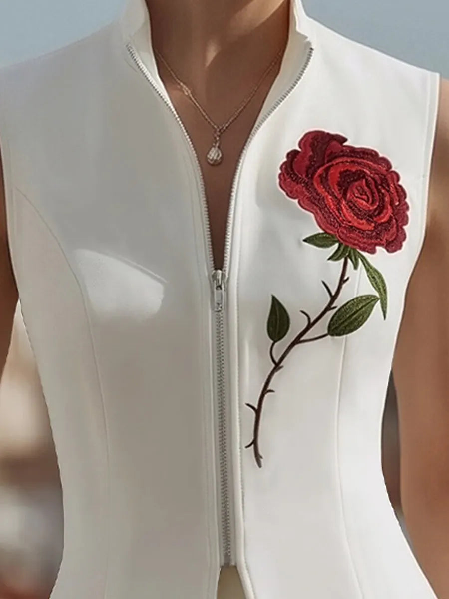 Rose Embroidered Sleeveless Zip-Front Vest