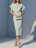 Light Green Slit Classic V Neck Cap Sleeve Dolman Sleeve Sheath Midi Dress