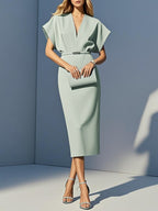 Light Green Slit Classic V Neck Cap Sleeve Dolman Sleeve Sheath Midi Dress