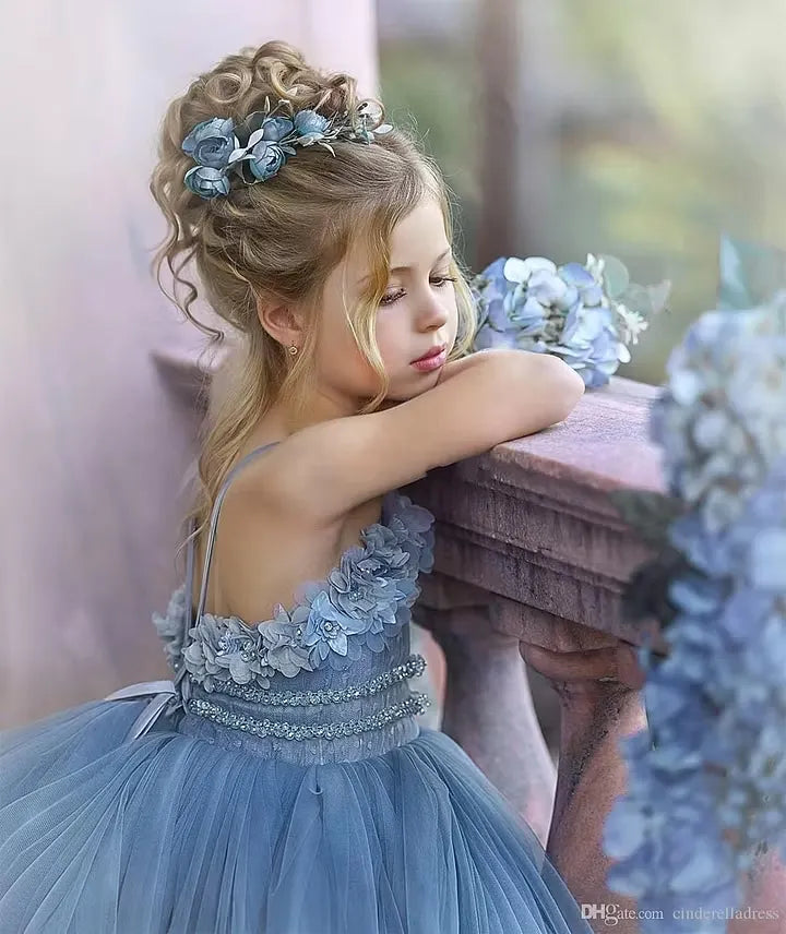 Cocoslly Spaghetti Straps  Sleeveless Flower Girl Dress With Appliques And Rhinstone | Dusty Blue Tulle FL0020