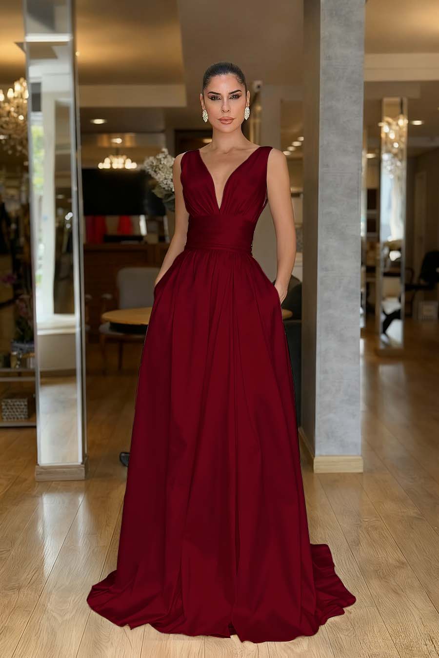 Straps Sleeveless High Waist Long Prom Dress With Pockets Pleated MS0387