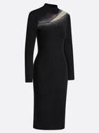 Black Rhinestone Cut Out Knit Mock Neck Long Sleeve Sheath Midi Dress