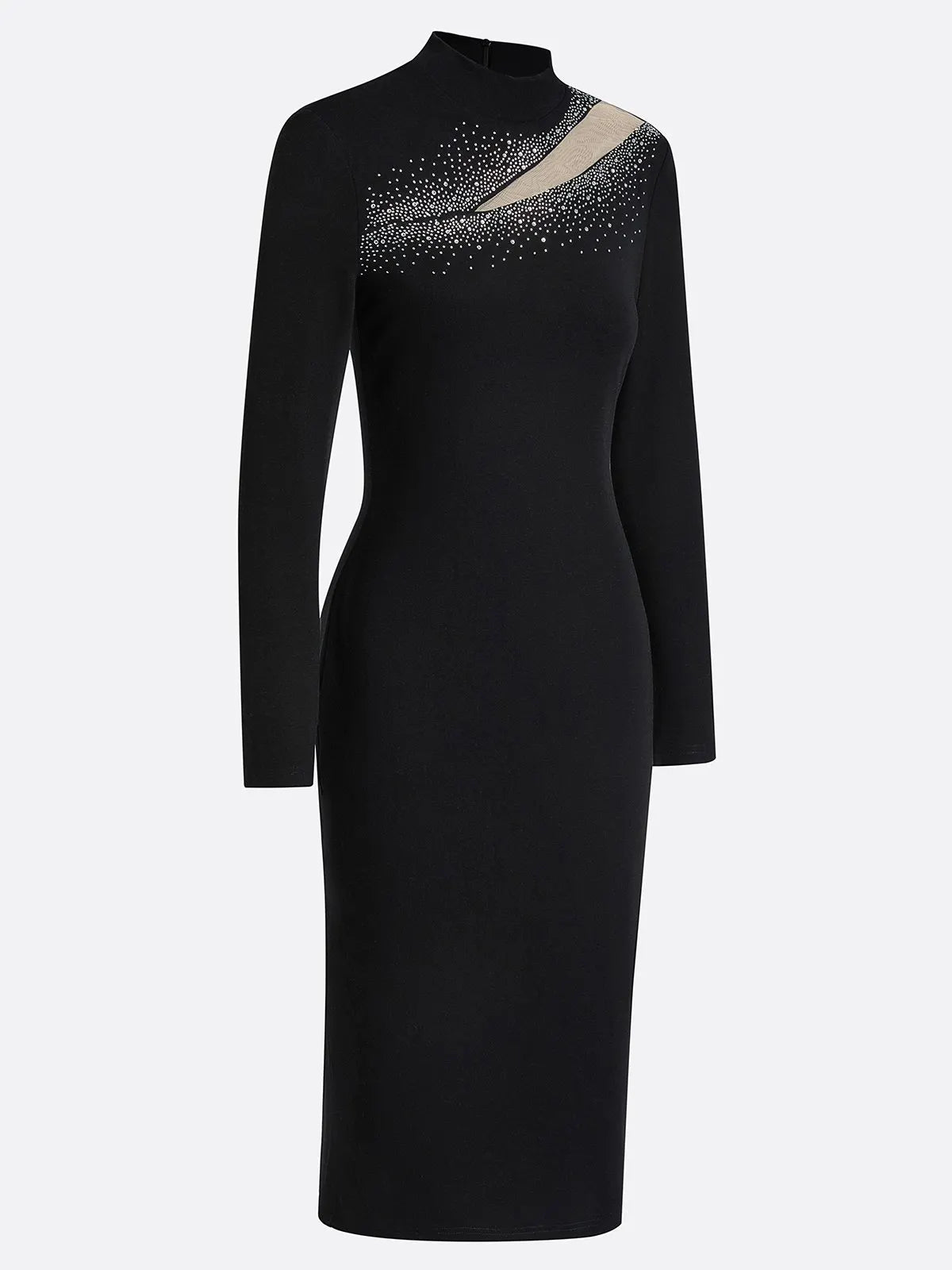 Black Rhinestone Cut Out Knit Mock Neck Long Sleeve Sheath Midi Dress