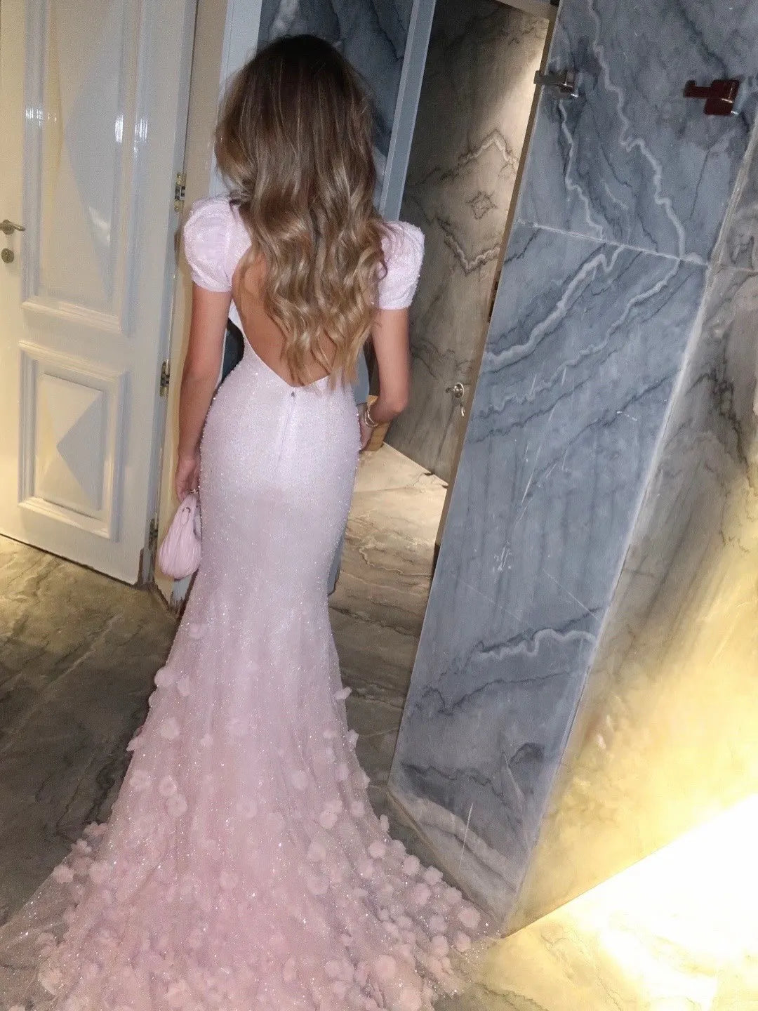 Cocoslly Short Sleeves High Waist Long Mermaid Prom Dress With Flowers | Blushing Pink Sequins WT0134