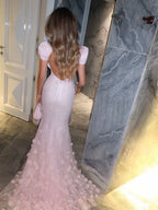 Cocoslly Short Sleeves High Waist Long Mermaid Prom Dress With Flowers | Blushing Pink Sequins WT0134