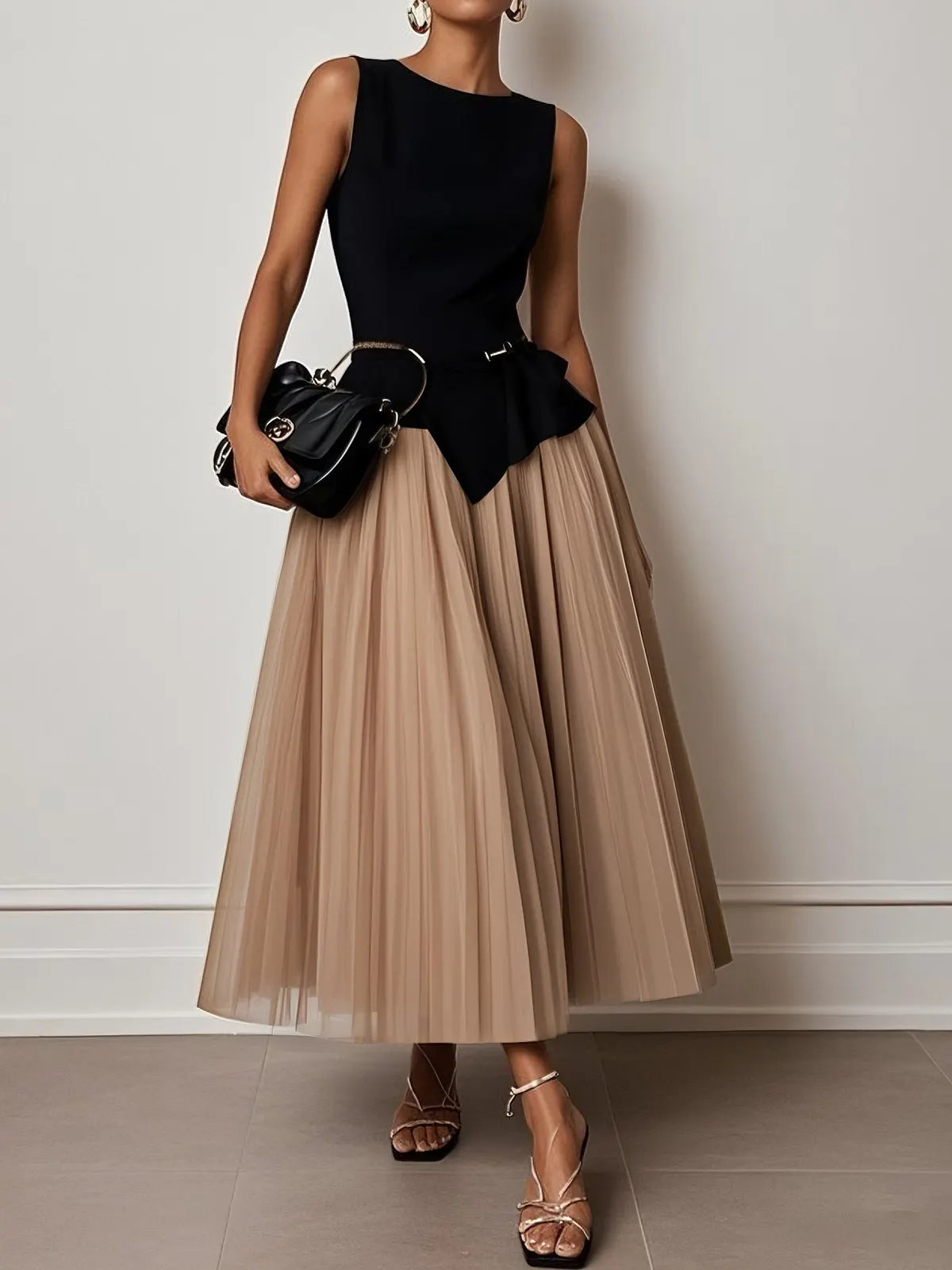 Light Khaki Pleated Asymmetrical Boat Neck Top with Skirt Two-Piece Set With Belt