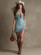 Western Retro Light Blue Faux Suede Sleeveless Tassel Mini Dress