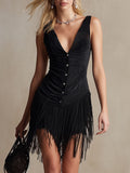 Western Retro Tassel Black Sleeveless V-Neck Faux Suede Mini Dress