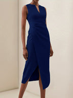 White V Neck Sleeveless Slit Sheath Midi Dress