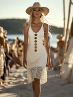 銆�24-hour shipping out銆慍lassic Elegant Spaghetti Strap White Cotton Midi Dress