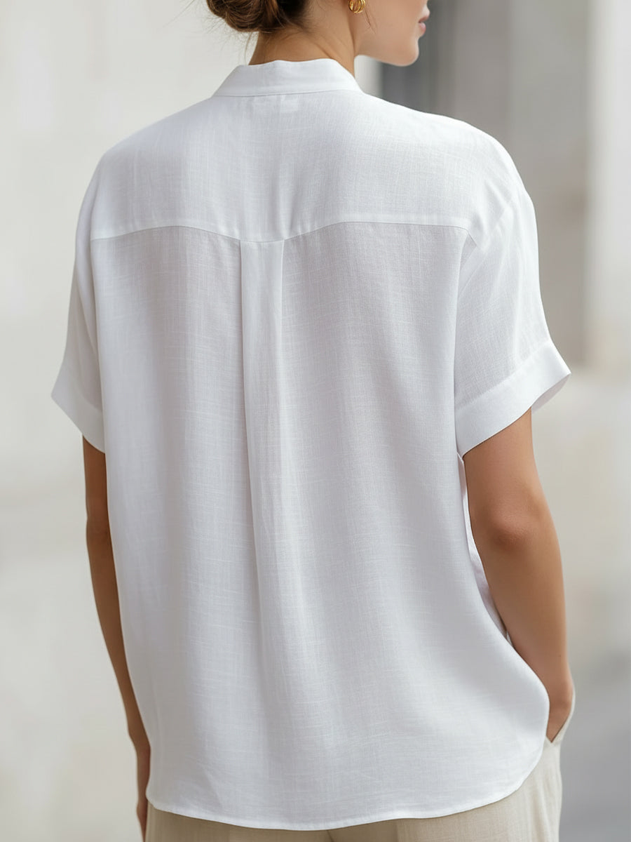 White Linen-Blend Stand Collar Short-Sleeve Blouse