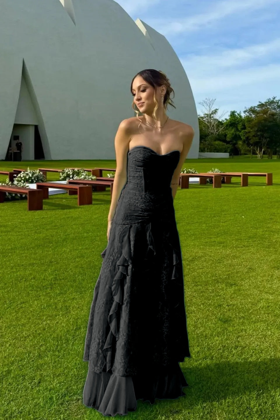 Cocoslly Strapless Sweetheart Sleeveless High Waist Long Prom Dress With Ruffles | Mint Green Chiffon YC0477