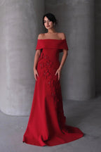 Cocoslly Off-The-Shoulder Strapless Sleeveless Long Mermaid Prom Dress With Flowers Appliqués | Red Satin ZA0194