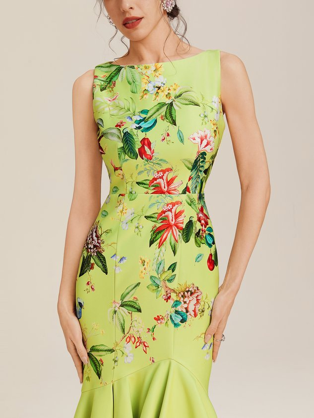 Green Floral Boat Neck Sleeveless Mermaid Midi Dress
