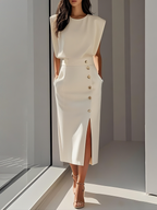 Off White Button Side-Slit Classic Crew Neck Sleeveless Sheath Midi Dress With Pockets