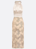 Champagne 3D Floral Glitter Classic Mock Neck Sleeveless Midi Dress